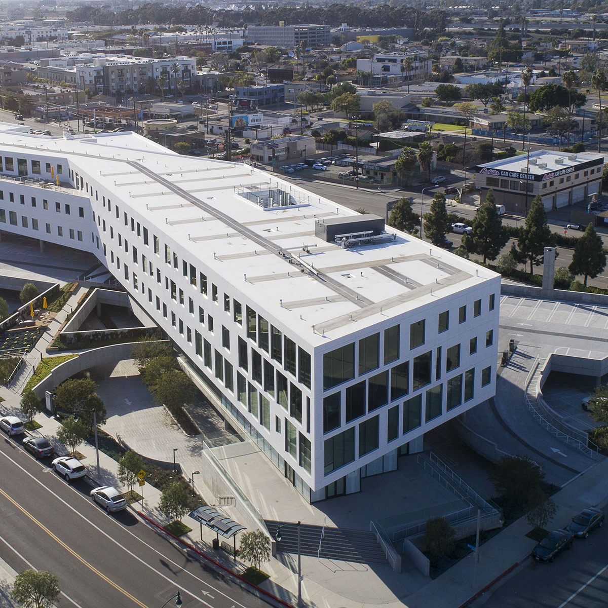 An aerial shot of The Brickyard, a building in Playa Vista that contains the LMU Playa Vista campus facilities.